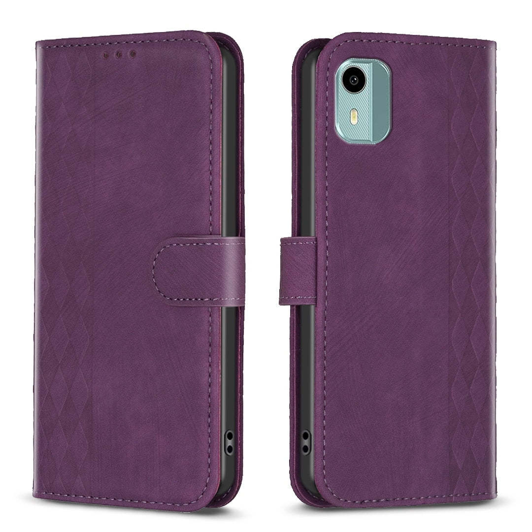 Nokia C12 Case - Embossed Plaid Leather Wallet Cover with Card Slots, Kickstand, and 360 degree Protection