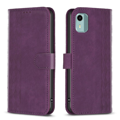 Nokia C12 Case - Embossed Plaid Leather Wallet Cover with Card Slots, Kickstand, and 360 degree Protection