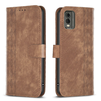 Nokia C32 Case - Embossed Plaid Leather Wallet Cover with Card Slots, Kickstand, and 360 degree Protection
