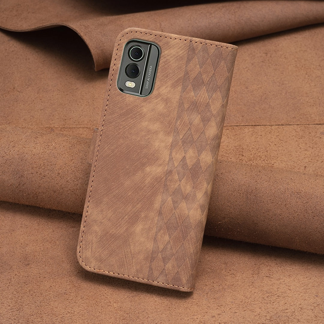 Nokia C32 Case - Embossed Plaid Leather Wallet Cover with Card Slots, Kickstand, and 360 degree Protection