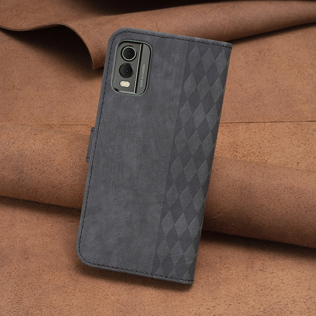 Nokia C32 Case - Embossed Plaid Leather Wallet Cover with Card Slots, Kickstand, and 360 degree Protection