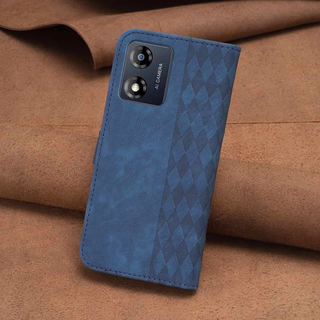 Motorola Moto E13 4G Case - Embossed Plaid Leather Wallet Cover with Card Slots, Kickstand, and 360 degree Protection