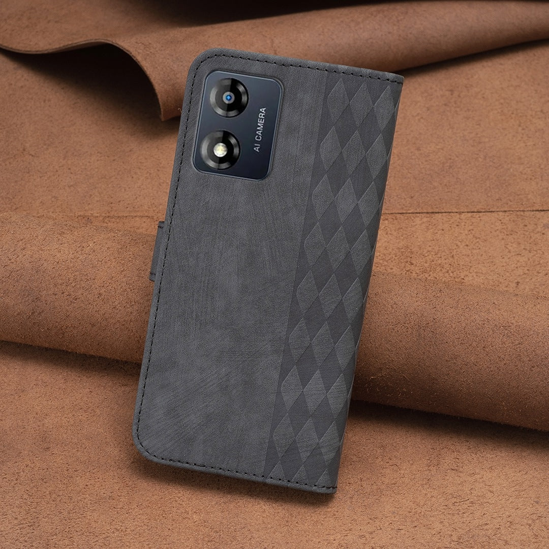 Motorola Moto E13 4G Case - Embossed Plaid Leather Wallet Cover with Card Slots, Kickstand, and 360 degree Protection