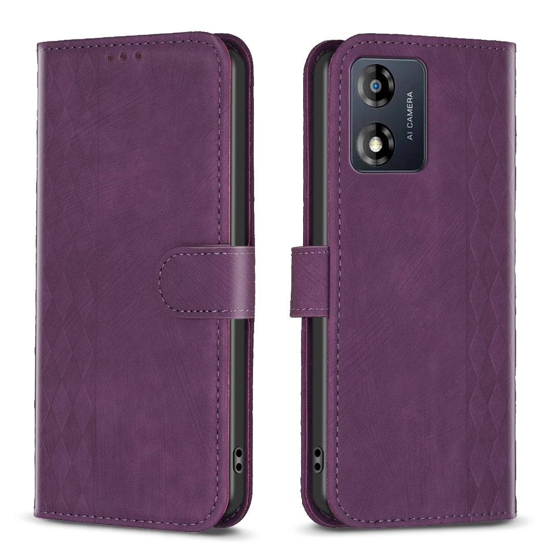 Motorola Moto E13 4G Case - Embossed Plaid Leather Wallet Cover with Card Slots, Kickstand, and 360 degree Protection
