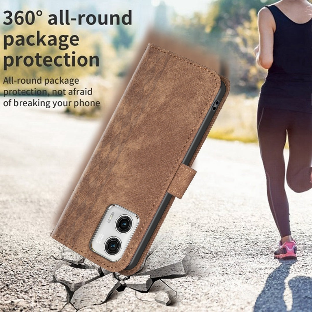 Motorola Moto G73 5G Case - Embossed Plaid Leather Wallet Cover with Card Slots, Kickstand, and 360 degree Protection