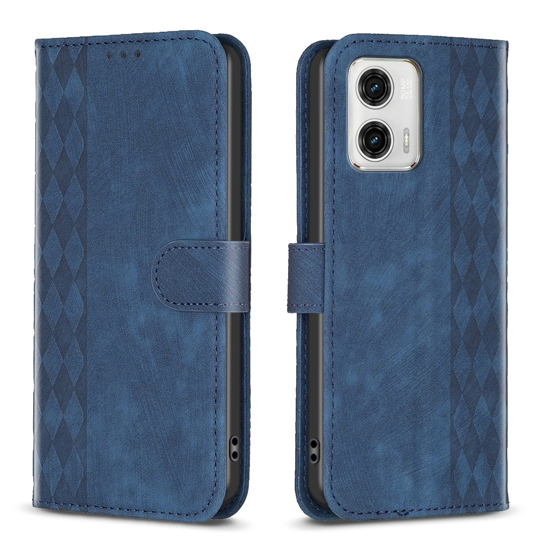 Motorola Moto G73 5G Case - Embossed Plaid Leather Wallet Cover with Card Slots, Kickstand, and 360 degree Protection