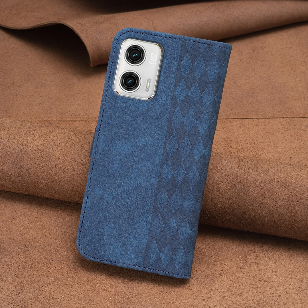 Motorola Moto G73 5G Case - Embossed Plaid Leather Wallet Cover with Card Slots, Kickstand, and 360 degree Protection