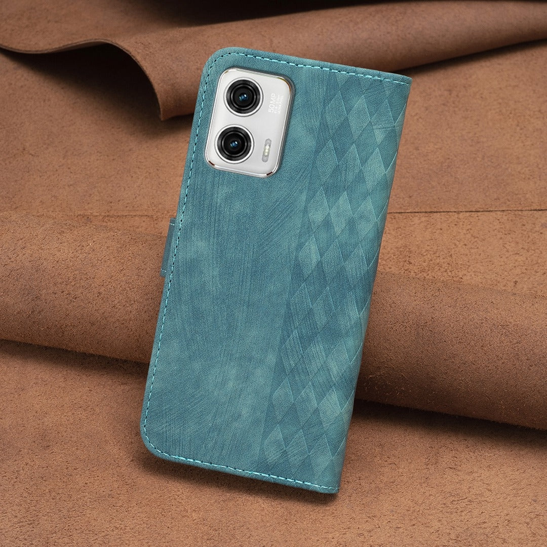 Motorola Moto G73 5G Case - Embossed Plaid Leather Wallet Cover with Card Slots, Kickstand, and 360 degree Protection