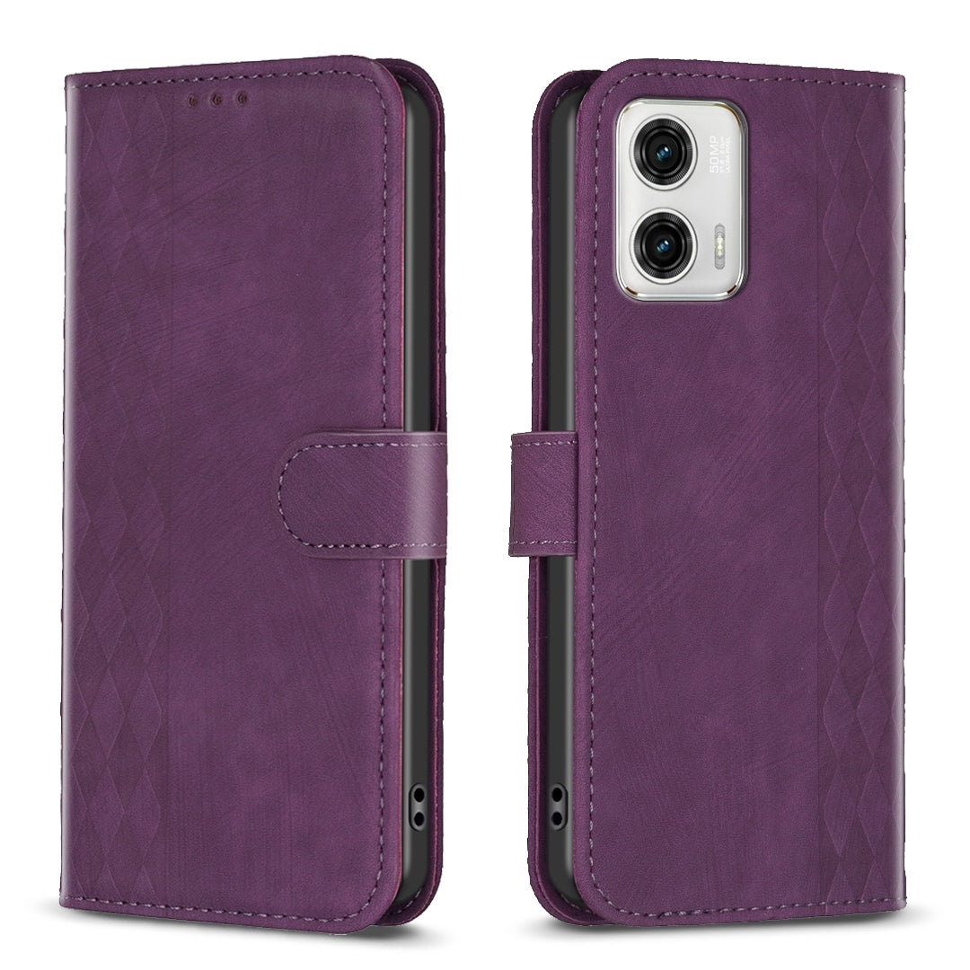 Motorola Moto G73 5G Case - Embossed Plaid Leather Wallet Cover with Card Slots, Kickstand, and 360 degree Protection