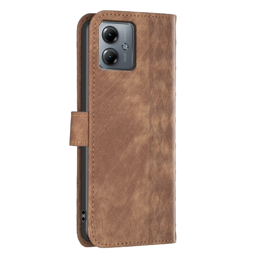 Motorola Moto G14 4G Case - Embossed Plaid Leather Wallet Cover with Card Slots, Kickstand, and 360 degree Protection