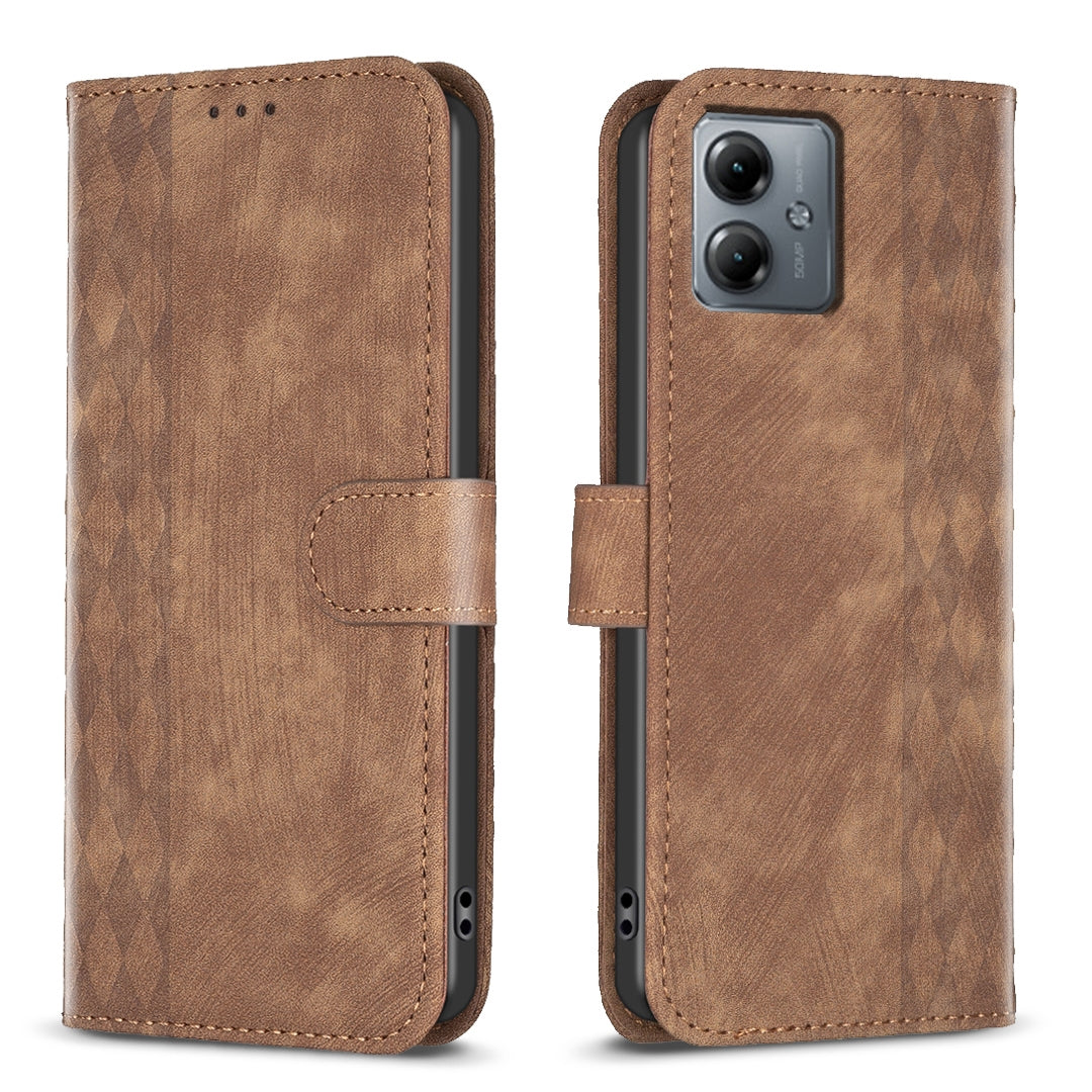 Motorola Moto G14 4G Case - Embossed Plaid Leather Wallet Cover with Card Slots, Kickstand, and 360 degree Protection