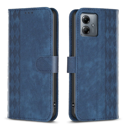 Motorola Moto G14 4G Case - Embossed Plaid Leather Wallet Cover with Card Slots, Kickstand, and 360 degree Protection