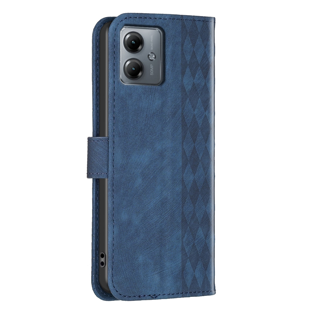 Motorola Moto G14 4G Case - Embossed Plaid Leather Wallet Cover with Card Slots, Kickstand, and 360 degree Protection