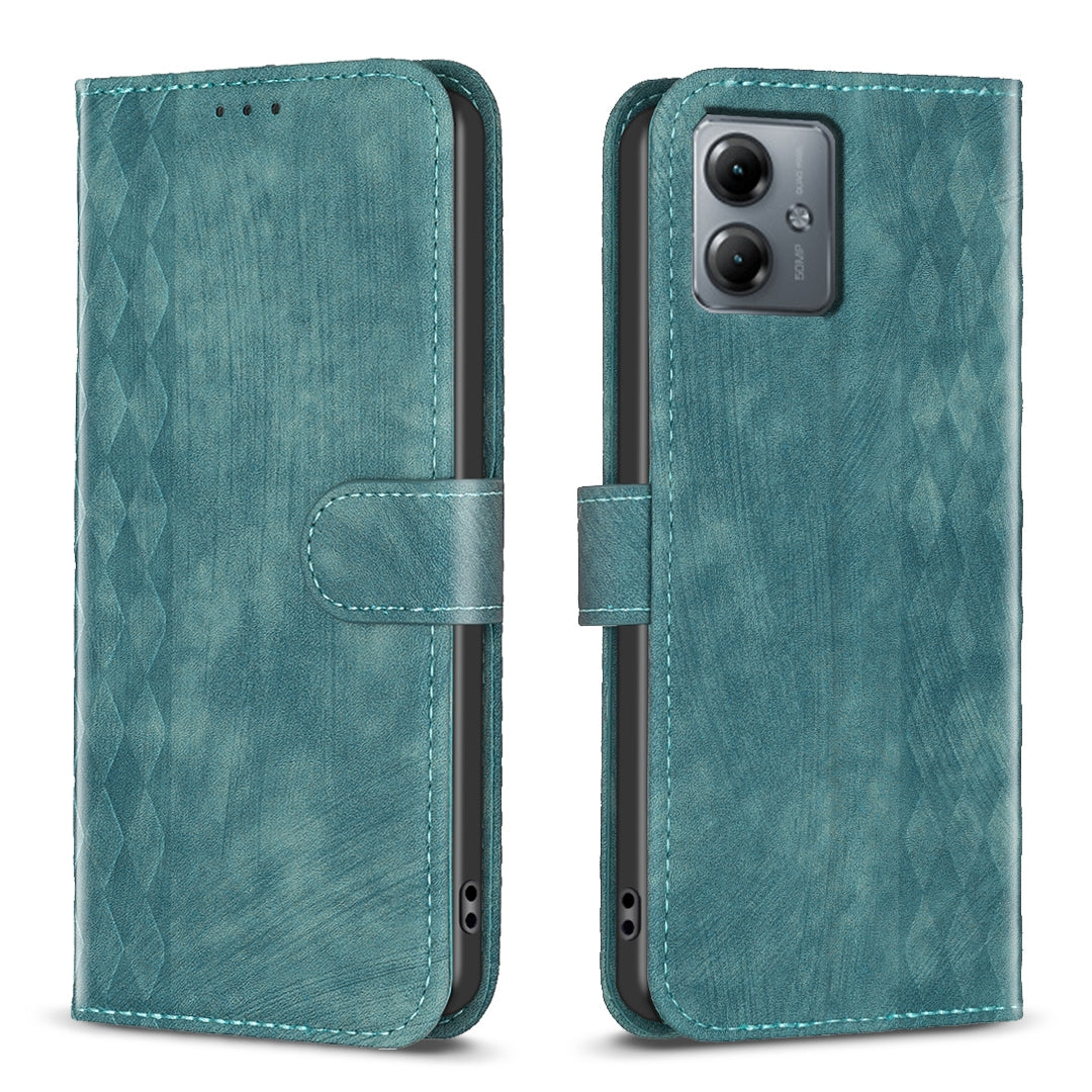 Motorola Moto G14 4G Case - Embossed Plaid Leather Wallet Cover with Card Slots, Kickstand, and 360 degree Protection