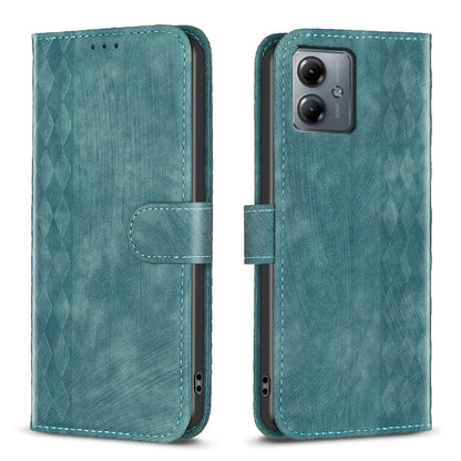 Motorola Moto G14 4G Case - Embossed Plaid Leather Wallet Cover with Card Slots, Kickstand, and 360 degree Protection