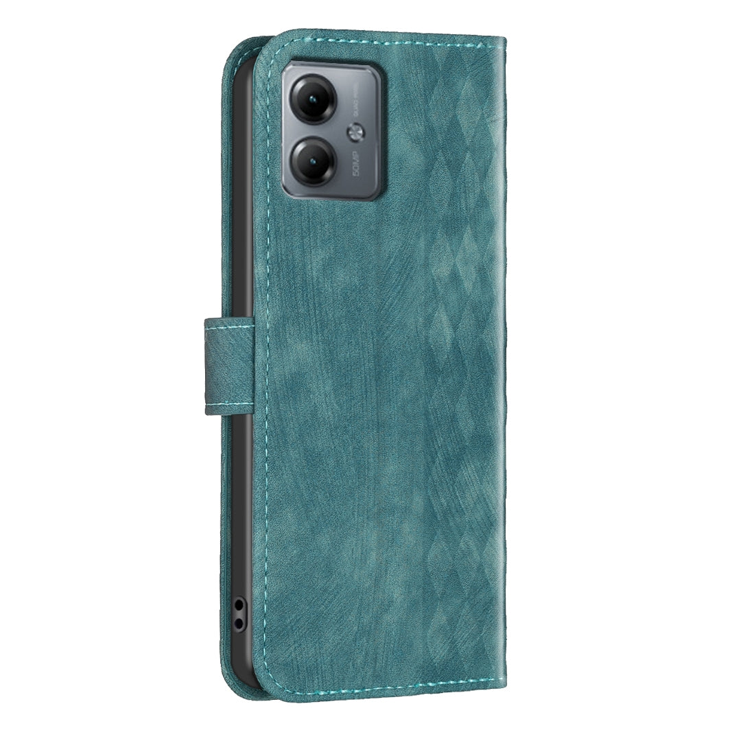 Motorola Moto G14 4G Case - Embossed Plaid Leather Wallet Cover with Card Slots, Kickstand, and 360 degree Protection