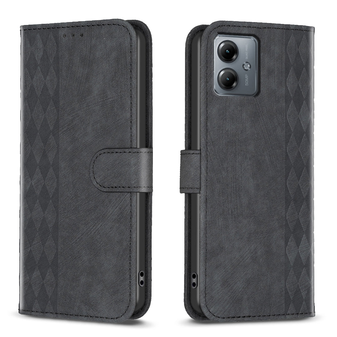 Motorola Moto G14 4G Case - Embossed Plaid Leather Wallet Cover with Card Slots, Kickstand, and 360 degree Protection