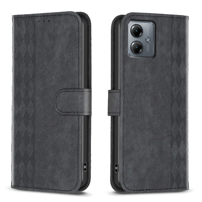 Motorola Moto G14 4G Case - Embossed Plaid Leather Wallet Cover with Card Slots, Kickstand, and 360 degree Protection