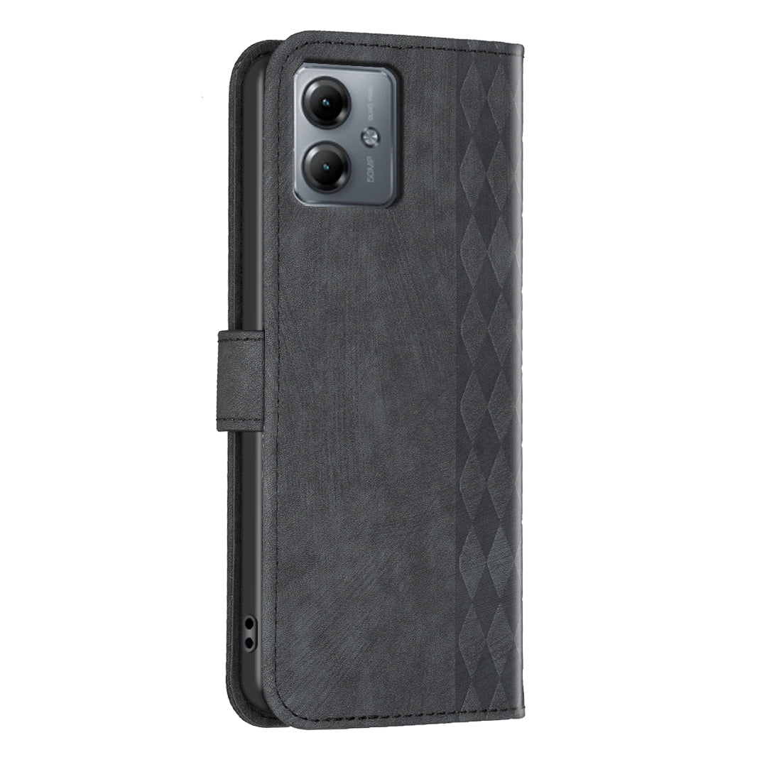 Motorola Moto G14 4G Case - Embossed Plaid Leather Wallet Cover with Card Slots, Kickstand, and 360 degree Protection
