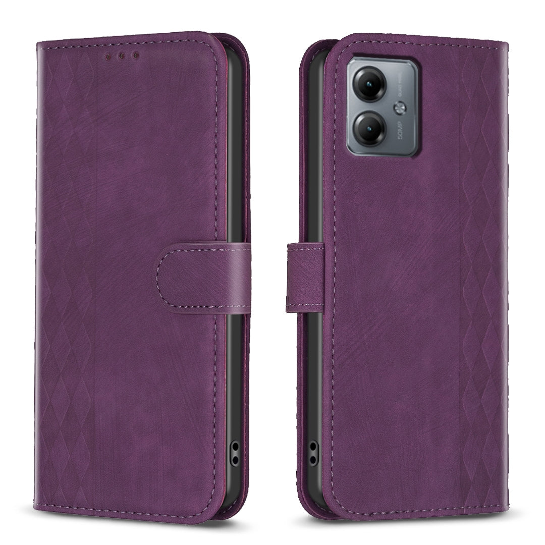 Motorola Moto G14 4G Case - Embossed Plaid Leather Wallet Cover with Card Slots, Kickstand, and 360 degree Protection