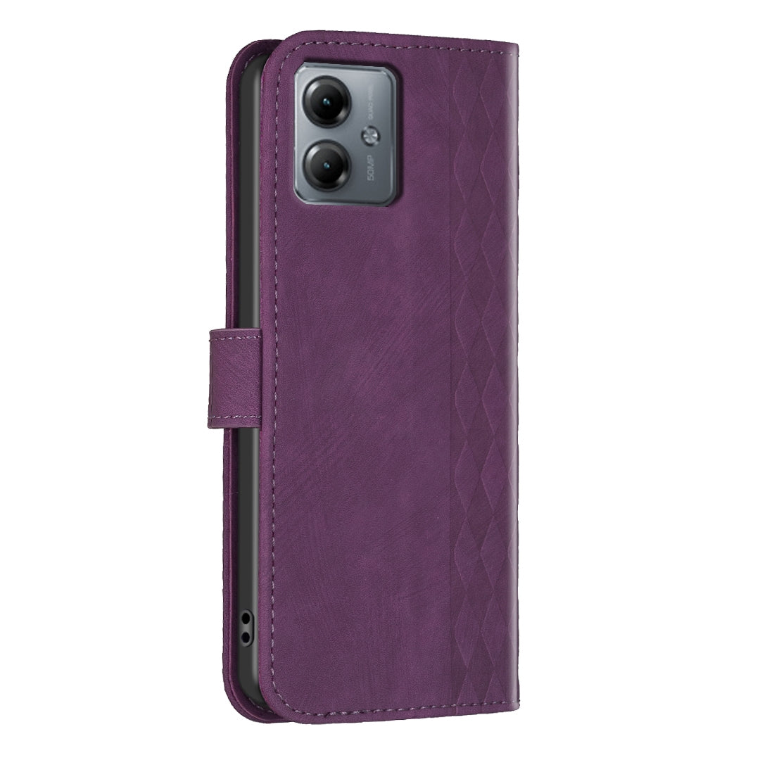 Motorola Moto G14 4G Case - Embossed Plaid Leather Wallet Cover with Card Slots, Kickstand, and 360 degree Protection