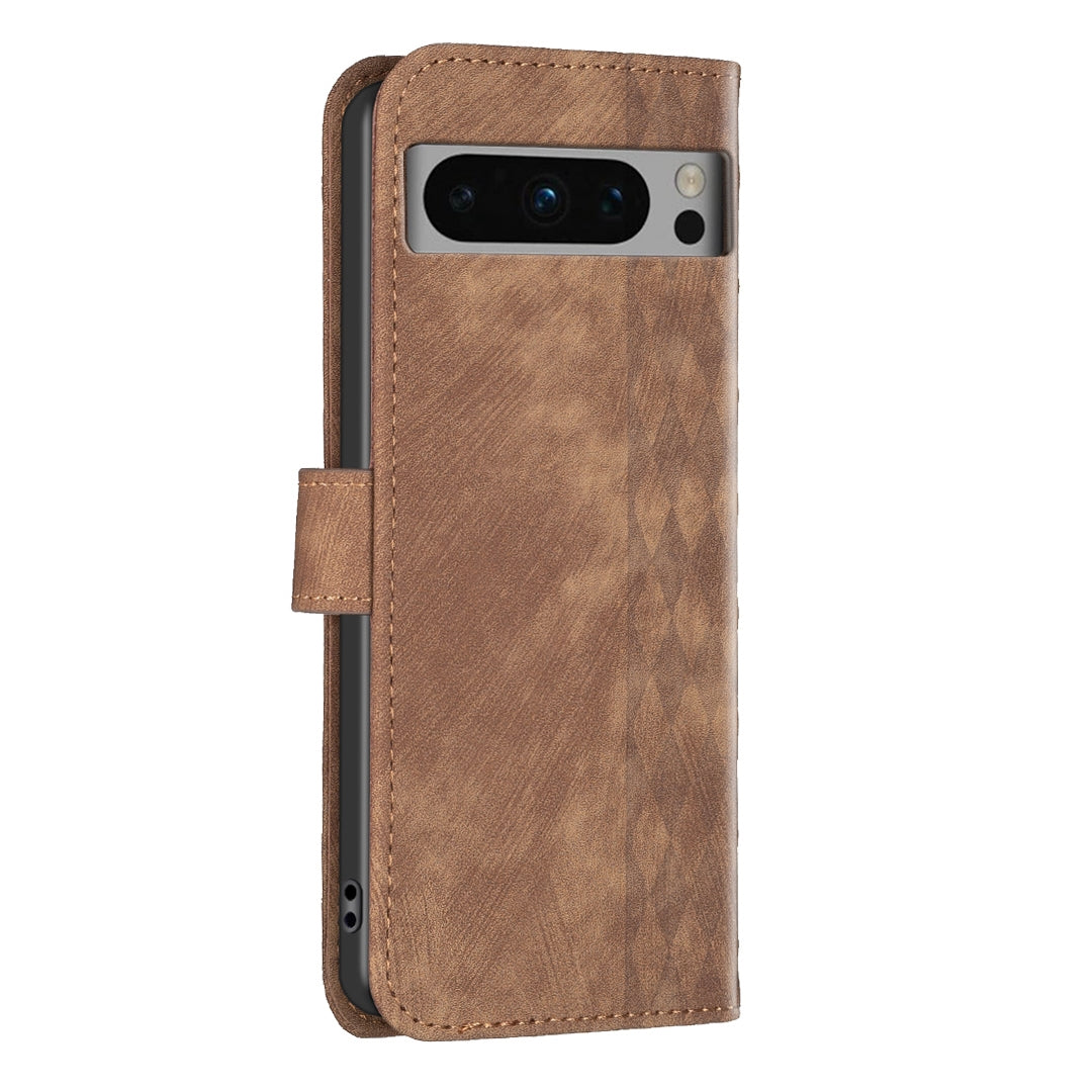 Google Pixel 8 Pro Case - Embossed Plaid Leather Wallet Cover with Card Slots, Kickstand, and 360 degree Protection