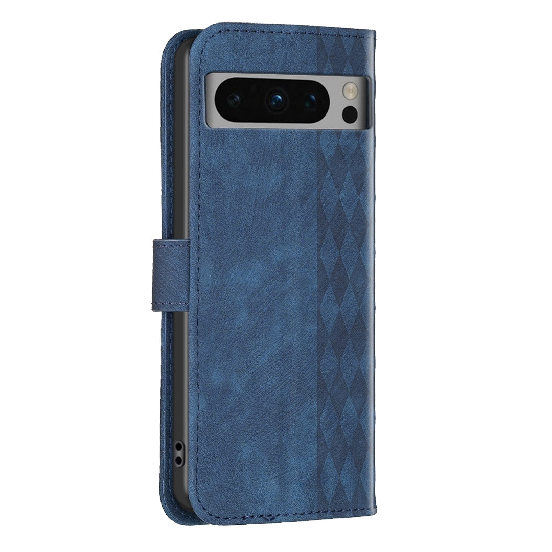 Google Pixel 8 Pro Case - Embossed Plaid Leather Wallet Cover with Card Slots, Kickstand, and 360 degree Protection