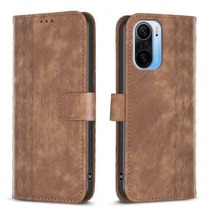 Xiaomi Redmi K40 Case - Embossed Plaid Leather Wallet Cover with Card Slots, Kickstand, and 360 degree Protection