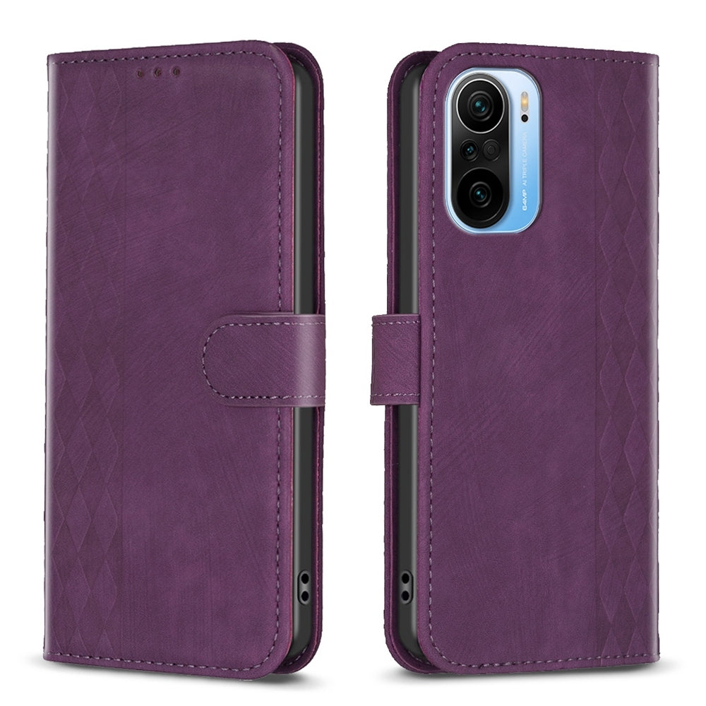 Xiaomi Redmi K40 Case - Embossed Plaid Leather Wallet Cover with Card Slots, Kickstand, and 360 degree Protection