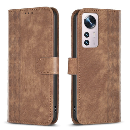 Xiaomi 12 Case - Embossed Plaid Leather Wallet Cover with Card Slots, Kickstand, and 360 degree Protection