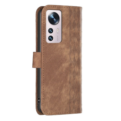 Xiaomi 12 Case - Embossed Plaid Leather Wallet Cover with Card Slots, Kickstand, and 360 degree Protection