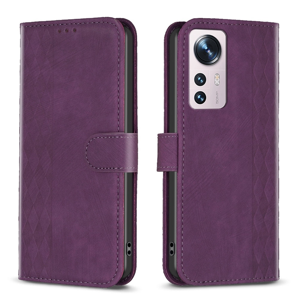 Xiaomi 12 Case - Embossed Plaid Leather Wallet Cover with Card Slots, Kickstand, and 360 degree Protection