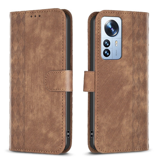 Xiaomi 12 Pro Case - Embossed Plaid Leather Wallet Cover with Card Slots, Kickstand, and 360 degree Protection