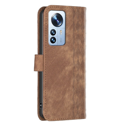 Xiaomi 12 Pro Case - Embossed Plaid Leather Wallet Cover with Card Slots, Kickstand, and 360 degree Protection