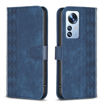 Xiaomi 12 Pro Case - Embossed Plaid Leather Wallet Cover with Card Slots, Kickstand, and 360 degree Protection