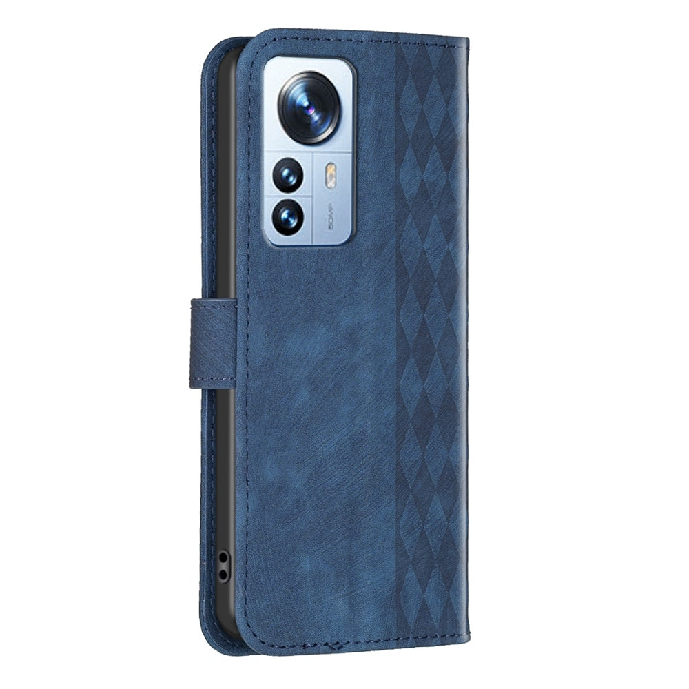 Xiaomi 12 Pro Case - Embossed Plaid Leather Wallet Cover with Card Slots, Kickstand, and 360 degree Protection