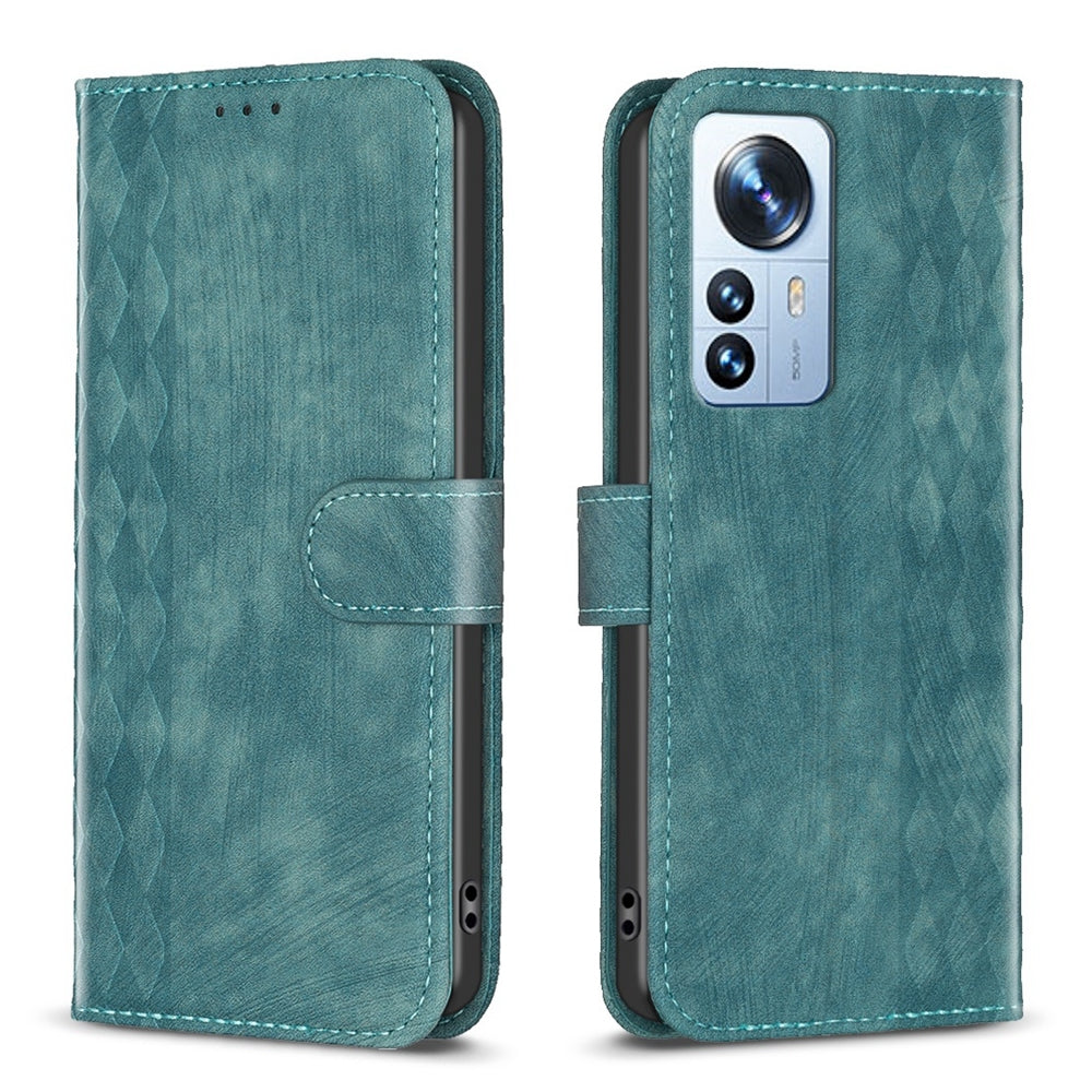 Xiaomi 12 Pro Case - Embossed Plaid Leather Wallet Cover with Card Slots, Kickstand, and 360 degree Protection