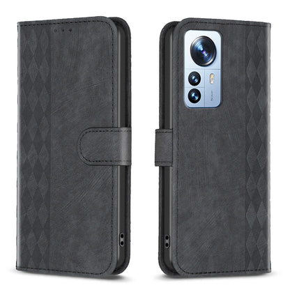 Xiaomi 12 Pro Case - Embossed Plaid Leather Wallet Cover with Card Slots, Kickstand, and 360 degree Protection