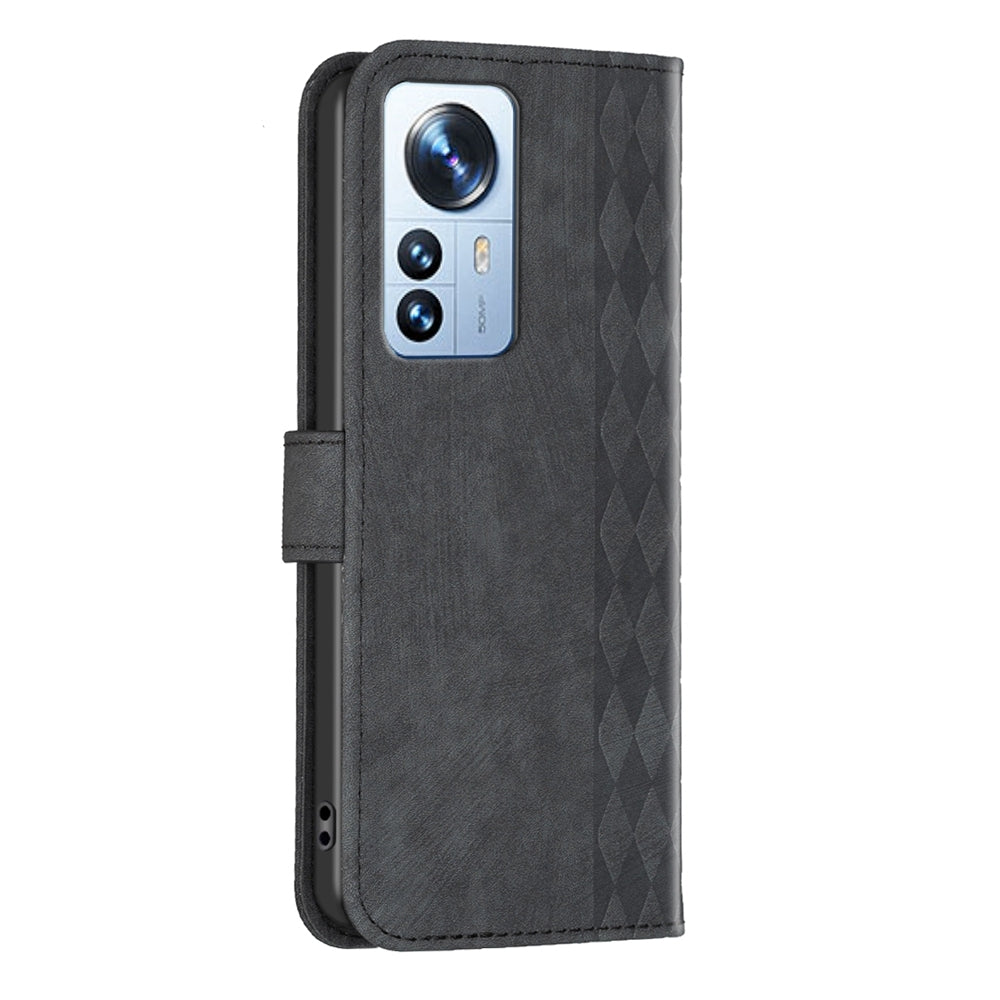 Xiaomi 12 Pro Case - Embossed Plaid Leather Wallet Cover with Card Slots, Kickstand, and 360 degree Protection