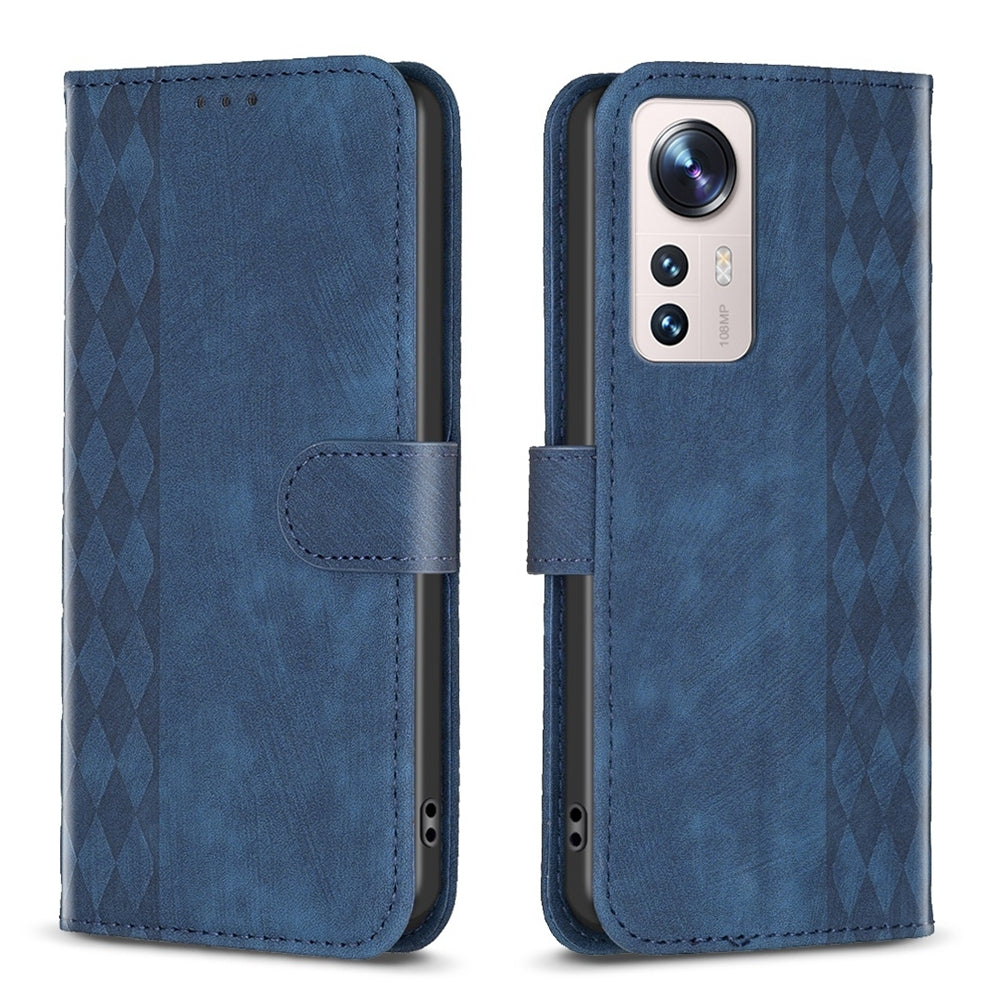 Xiaomi 12 Lite Case - Embossed Plaid Leather Wallet Cover with Card Slots, Kickstand, and 360 degree Protection