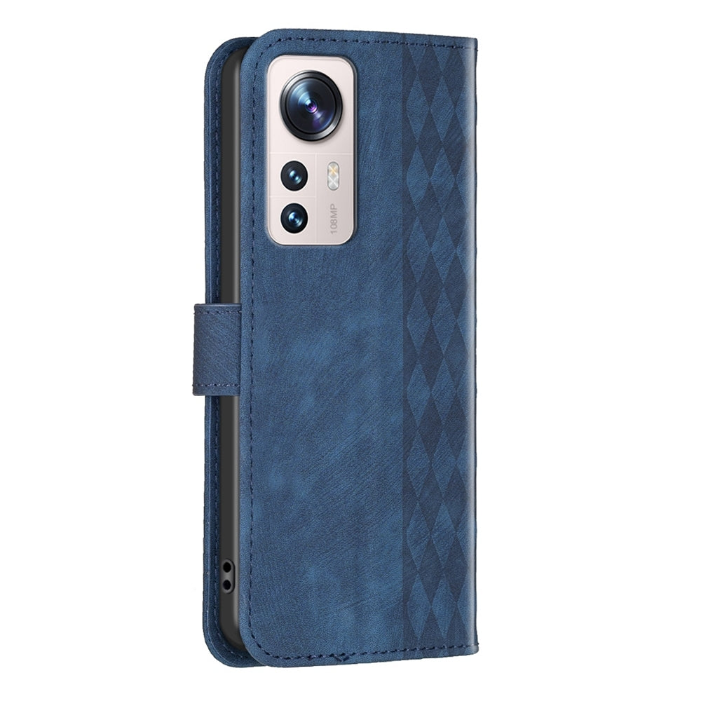 Xiaomi 12 Lite Case - Embossed Plaid Leather Wallet Cover with Card Slots, Kickstand, and 360 degree Protection