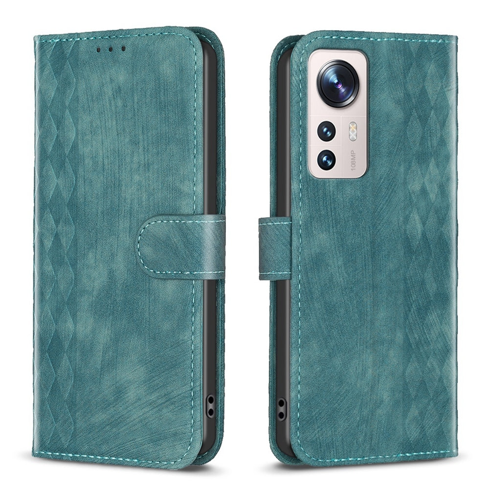 Xiaomi 12 Lite Case - Embossed Plaid Leather Wallet Cover with Card Slots, Kickstand, and 360 degree Protection