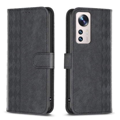 Xiaomi 12 Lite Case - Embossed Plaid Leather Wallet Cover with Card Slots, Kickstand, and 360 degree Protection