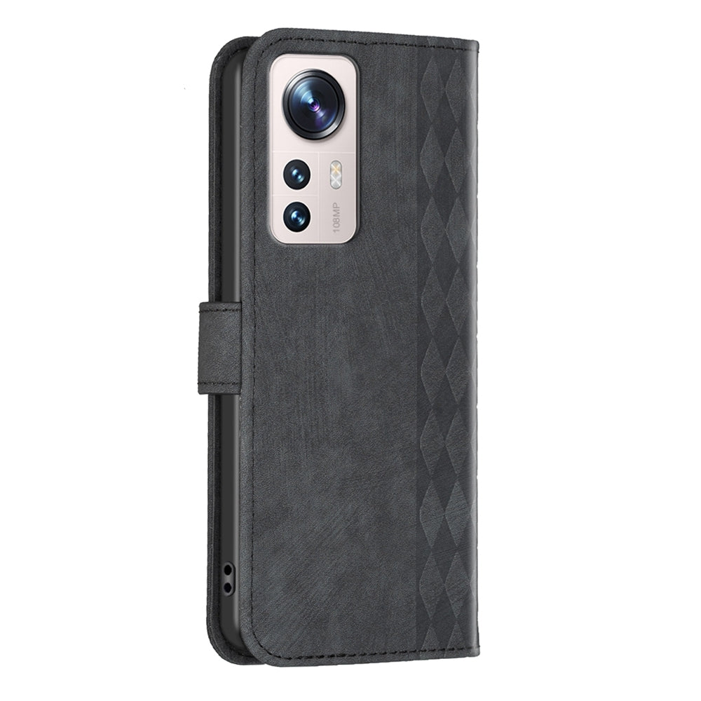 Xiaomi 12 Lite Case - Embossed Plaid Leather Wallet Cover with Card Slots, Kickstand, and 360 degree Protection