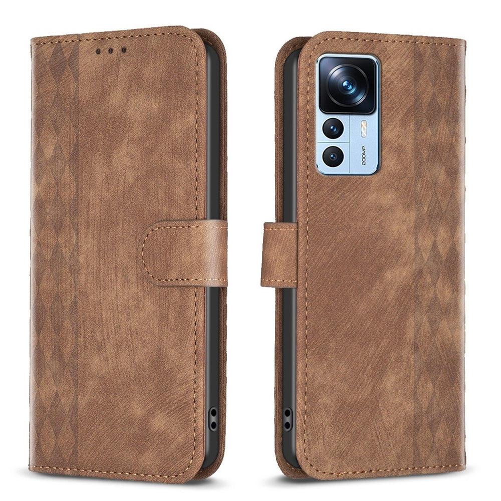 Xiaomi 12T Case - Embossed Plaid Leather Wallet Cover with Card Slots, Kickstand, and 360 degree Protection