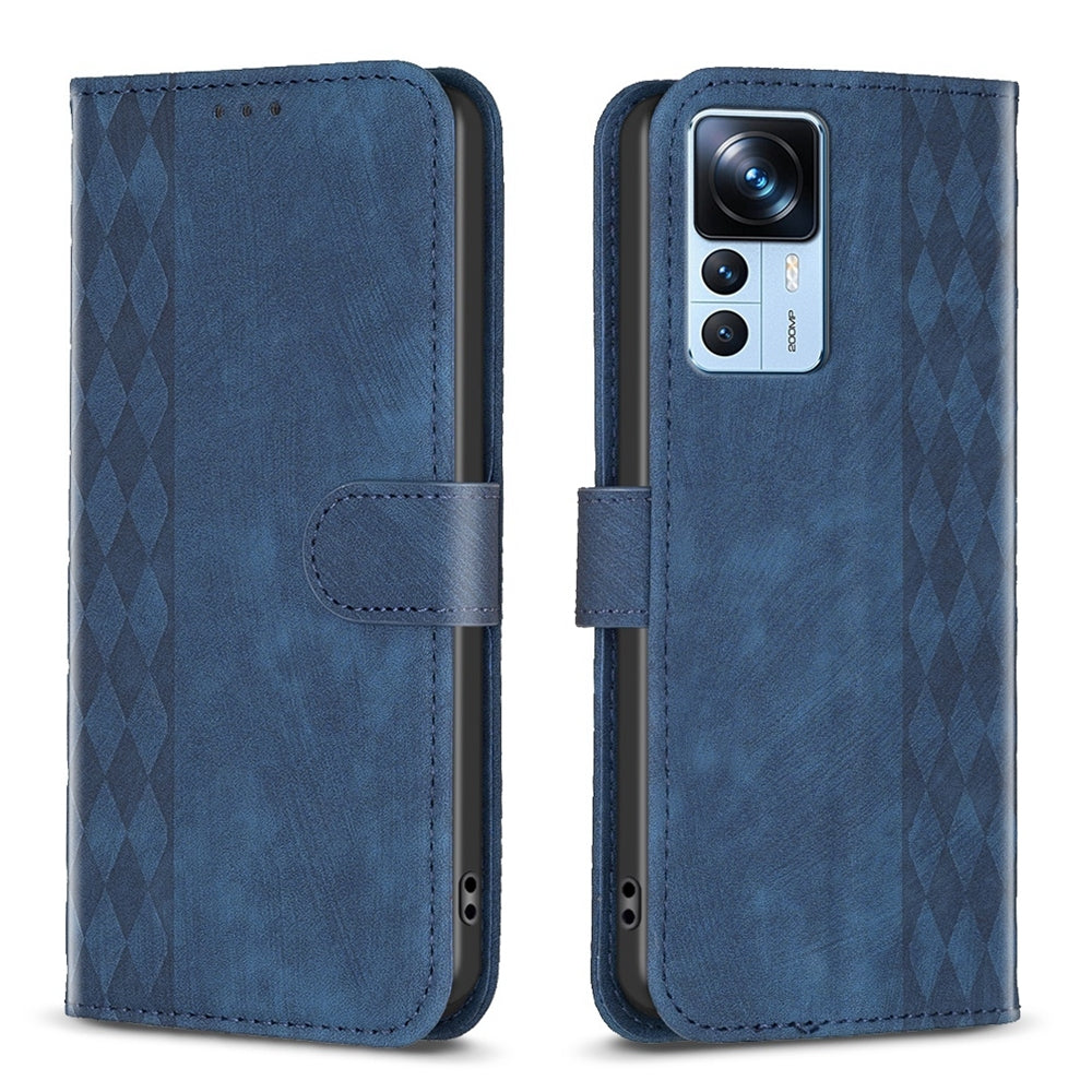 Xiaomi 12T Case - Embossed Plaid Leather Wallet Cover with Card Slots, Kickstand, and 360 degree Protection