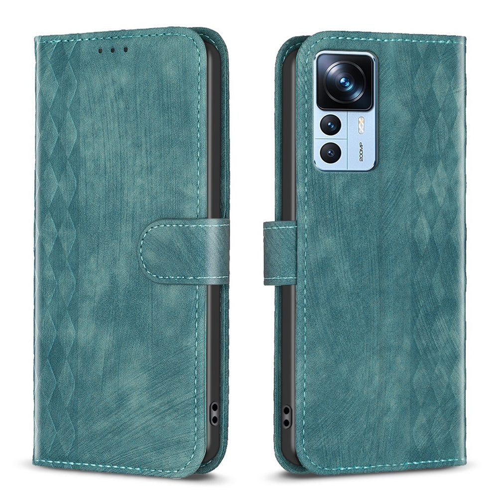 Xiaomi 12T Case - Embossed Plaid Leather Wallet Cover with Card Slots, Kickstand, and 360 degree Protection