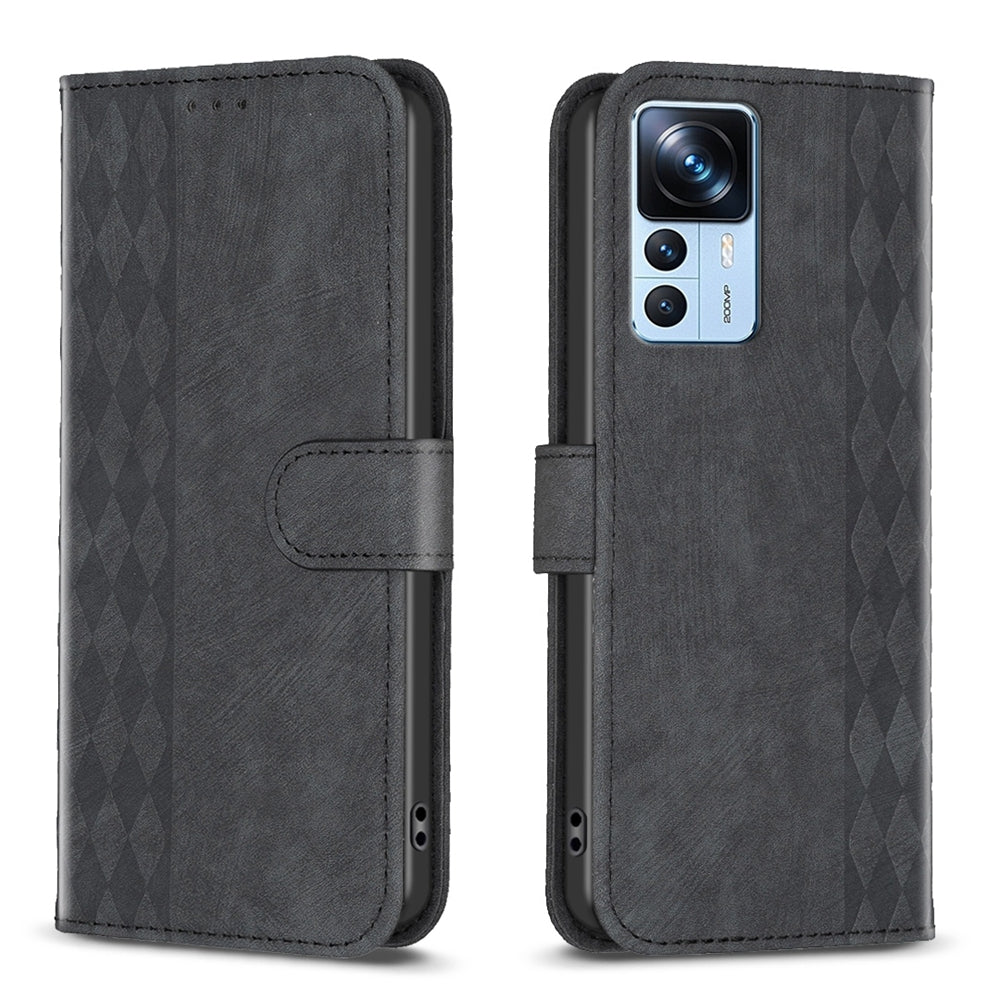 Xiaomi 12T Case - Embossed Plaid Leather Wallet Cover with Card Slots, Kickstand, and 360 degree Protection