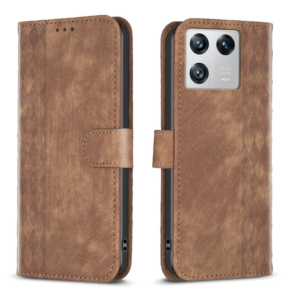 Xiaomi 13 Case - Embossed Plaid Leather Wallet Cover with Card Slots, Kickstand, and 360 degree Protection