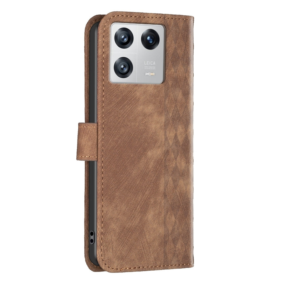 Xiaomi 13 Case - Embossed Plaid Leather Wallet Cover with Card Slots, Kickstand, and 360 degree Protection